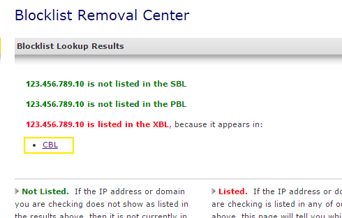 An example IP address has been detected as blacklisted by Spamhaus and a link to the site where the IP has been blacklisted is provided.