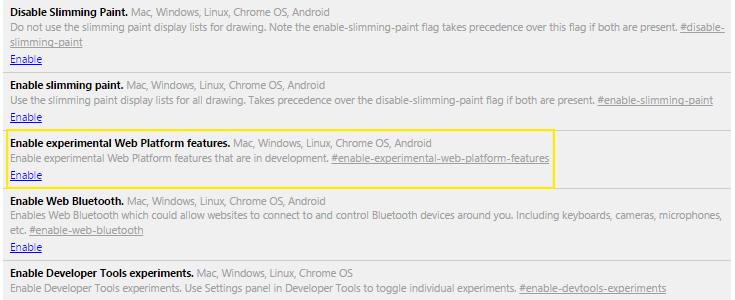 The enable experimental features option is highlighted on the Chrome flags page.