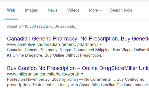 A Google search of a site that produces spam that's visible with your site link.