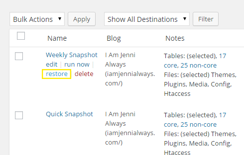 The mouse is hovering over the imported snapshot and a menu appears below the snapshot title.
