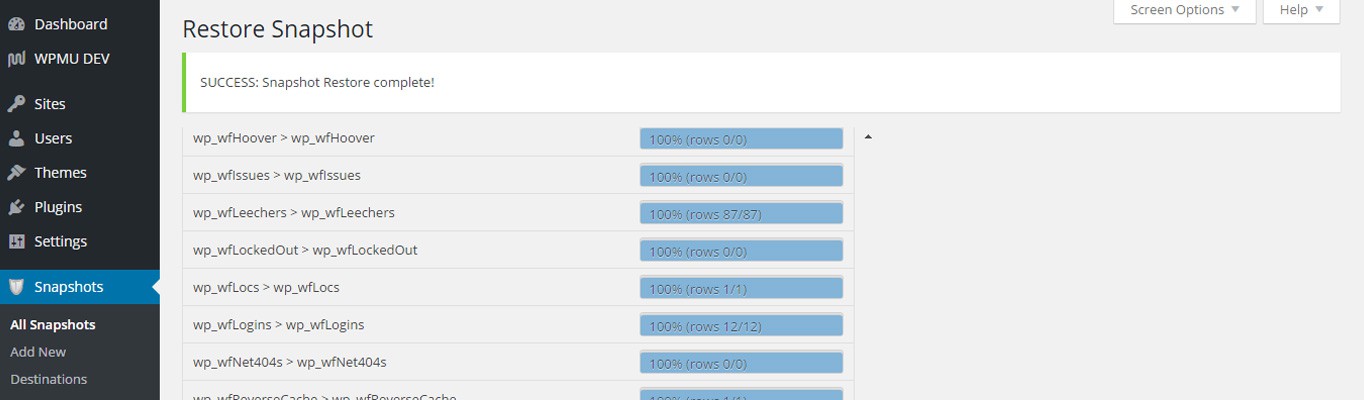 The snapshot migration has completed with a "success" message at the top of the page.