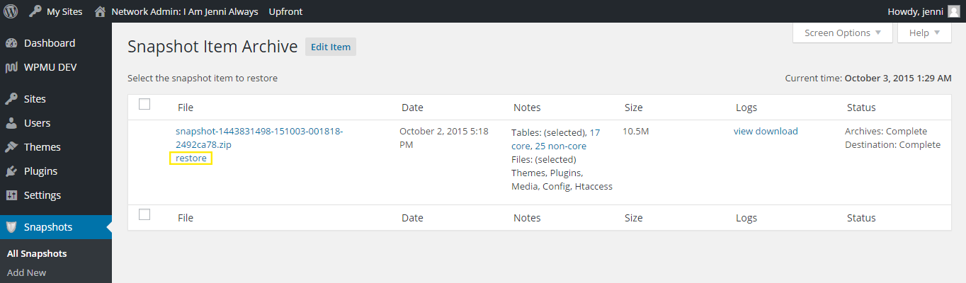 Archived snapshots list