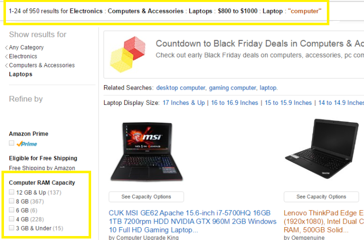Amazon's faceted search.