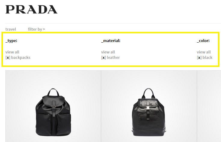 Prada's E-Store facets.