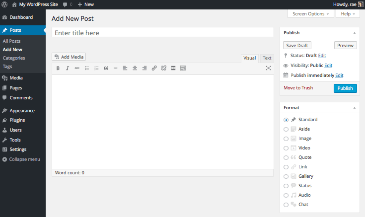 The current WordPress backend.