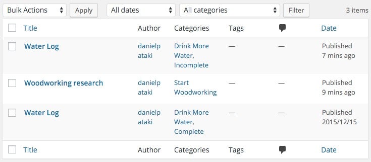 Some entries in our goal tracker