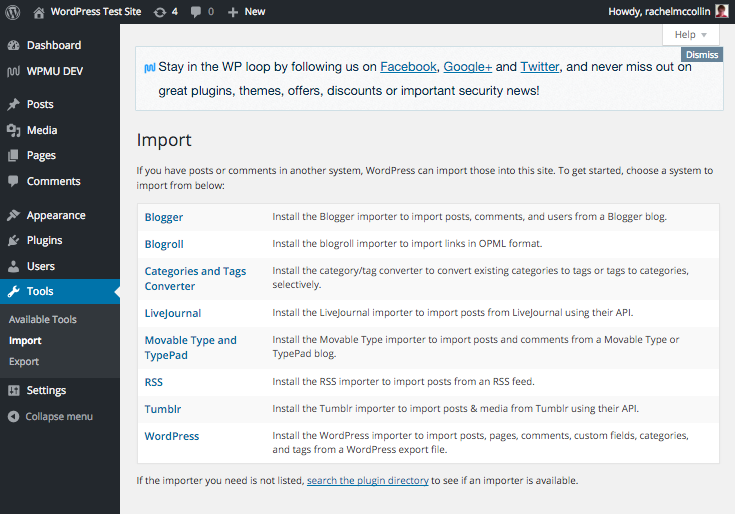 The available importers for WordPress.