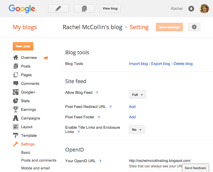 The Blogger export settings.