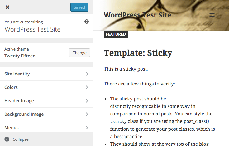WordPress Customizer screen