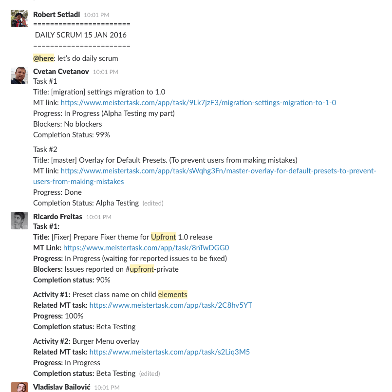 Our Upfront developer team's daily scrum.