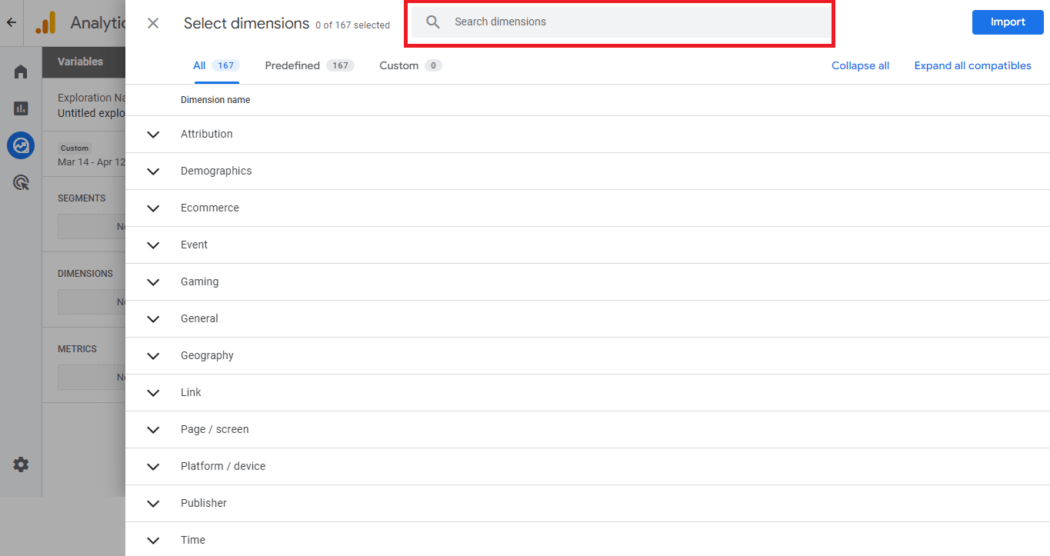 Dimensions search bar