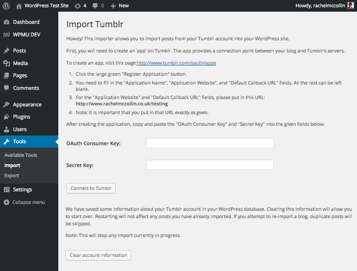 Entering keys to import a site from tumblr