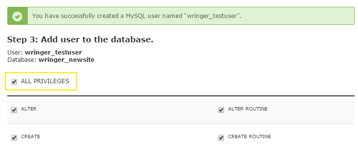 The "All Privileges" checkbox has been clicked in the next step.