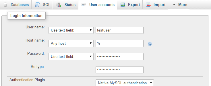 The username and password fields have been filled out to create a new user.