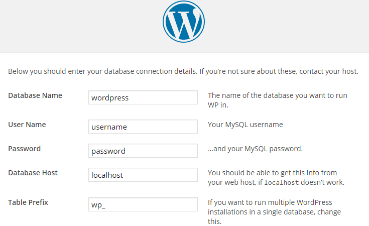 The database details form.