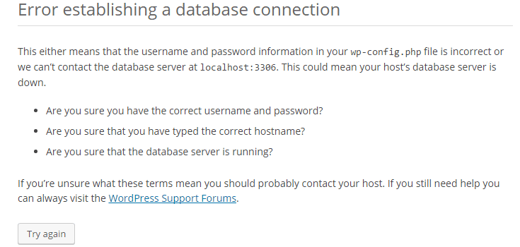 Error establishing a database connection message.