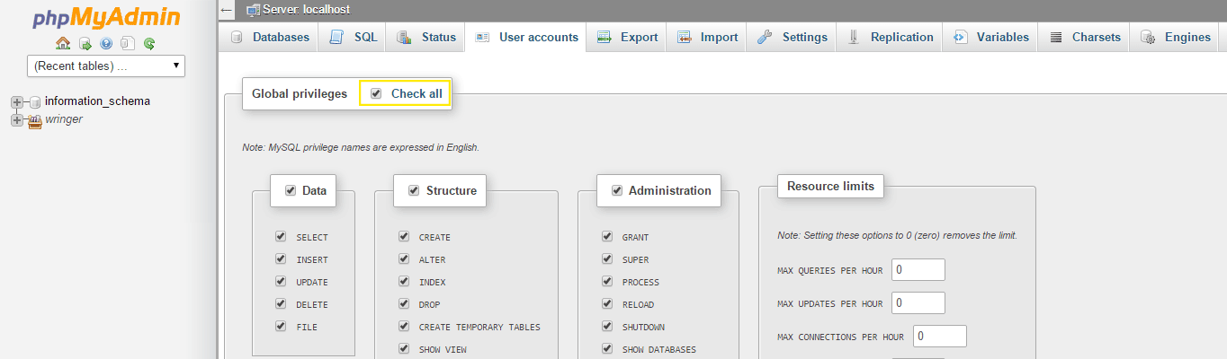 You need to be sure global privileges are selected for your user.