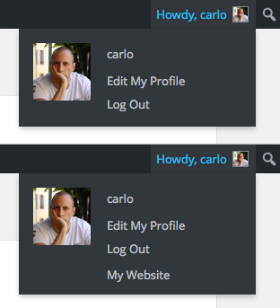 The default menu at the top compared to the customized <em>My Account</em> menu in the toolbar