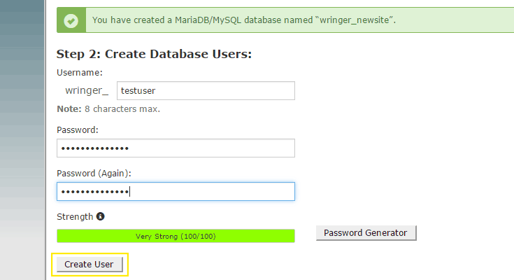The fields have been populated to create a new user.