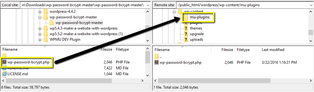 use ftp to copy the bcrypt plugin to mu-plugins