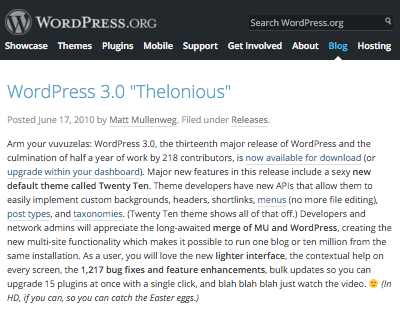 WordPress 3.0 page on WordPress.org