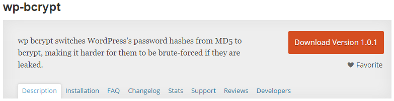 wp bcrypt plugin page at wordpress.org