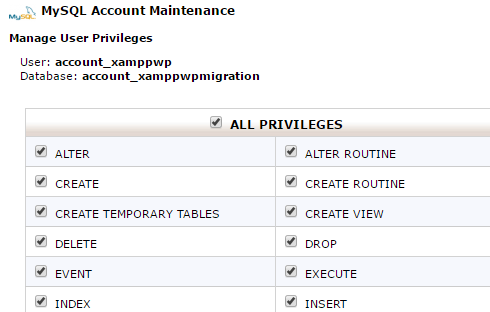use mysql or phpmyadmin to give the user you created all privileges to the database