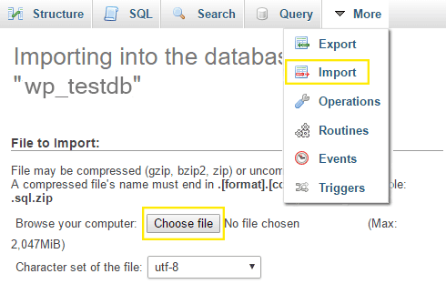 The "Import" page in phpMyAdmin.