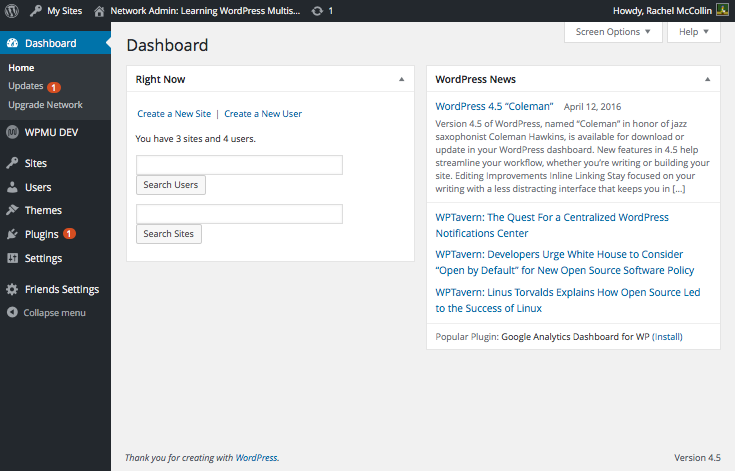 WordPress Multisite network admin dashboard