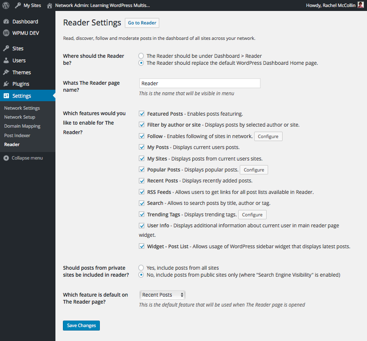 The Reader settings screen