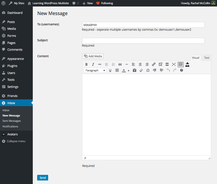 Sending a message to a friend in the admin screens