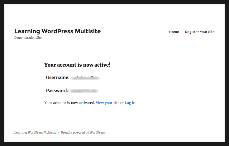 WordPress Multisite site active notification screen with login details