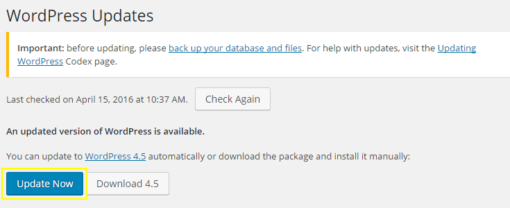 The "Update Now" button is highlighted on the updates page.