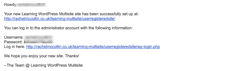 WordPress Multisite welcome email with links and credentials