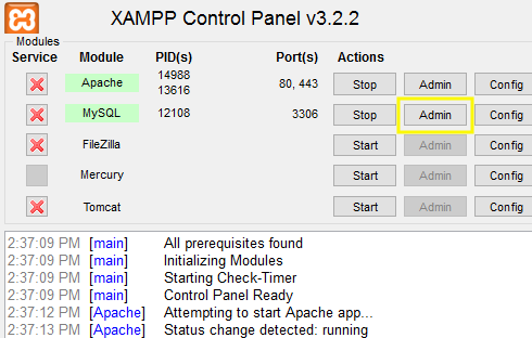 XAMPP control panel interface