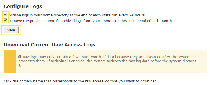 The "Configure Logs" section of the "Raw Access" page.