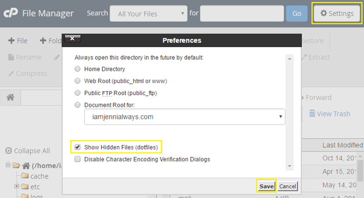 The settings pop-up in the file manager.