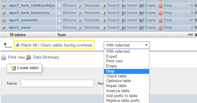 The "Check All" box has been checked and "Drop" is being selected.