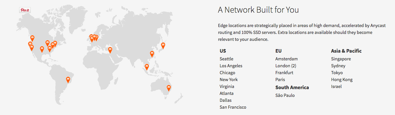 MaxCDN, a popular CDN, has 19 servers in 18 cities around the world.
