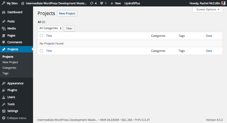 Project custom post type in the admin screens