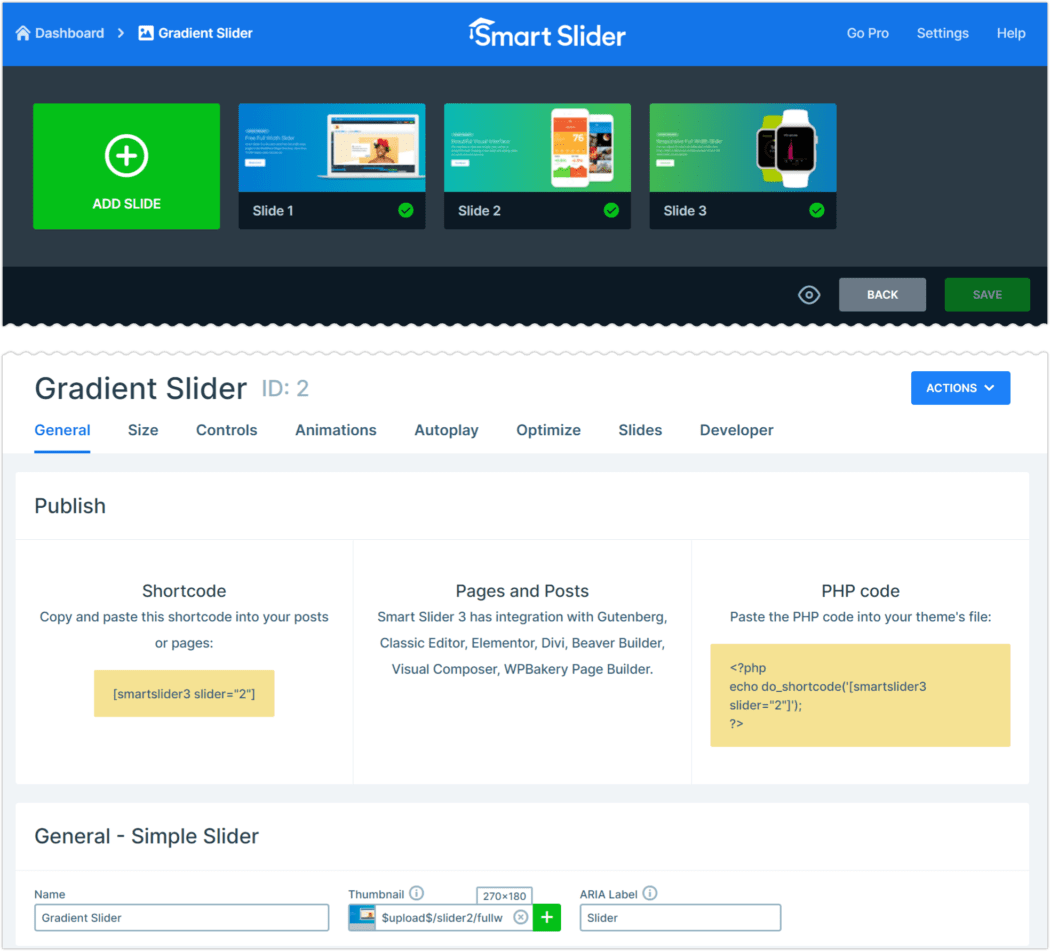 Smart Slider editing window