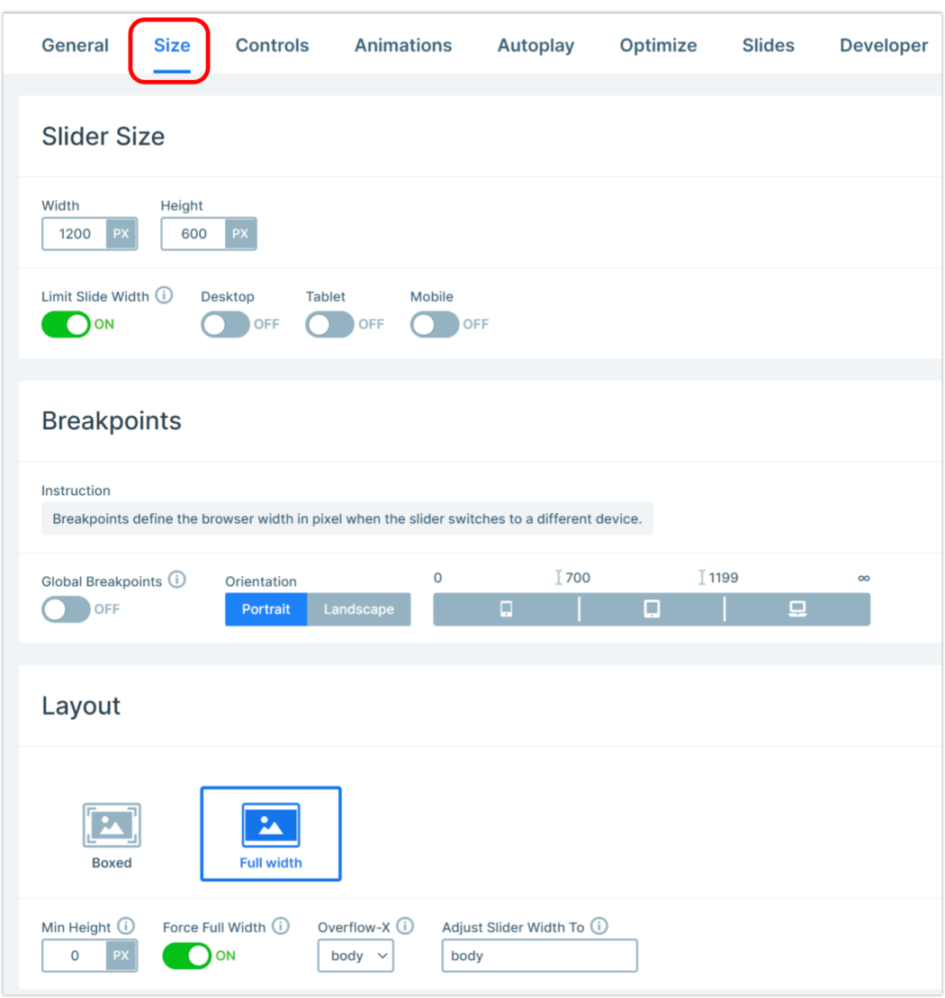 Smart Slider Settings > Size.