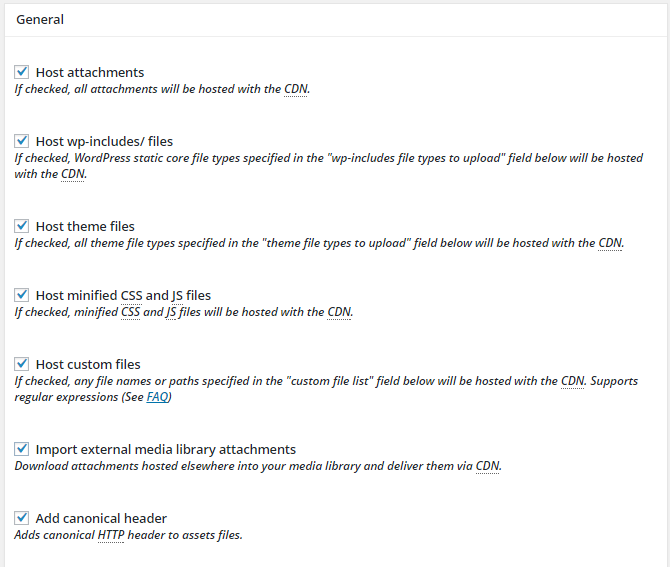 screenshot of general cdn settings in cdn menu in w3tc