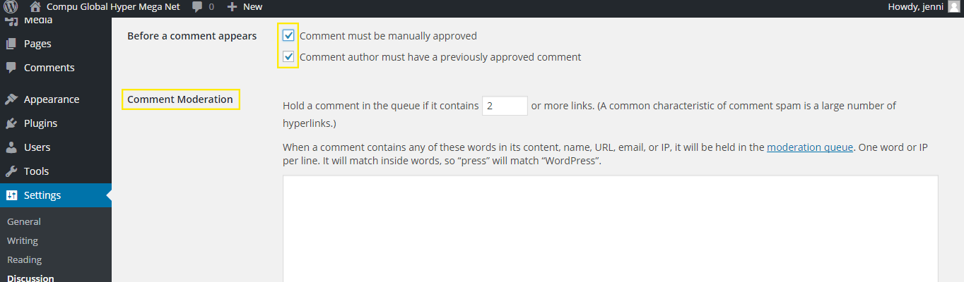 The Discussion settings page.