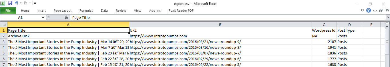 spreadsheet of post urls