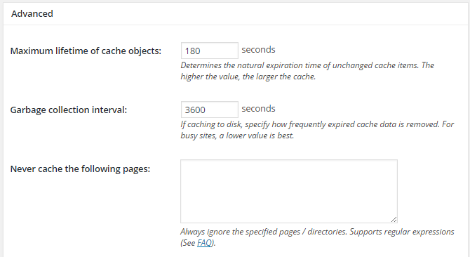 screenshot of advanced section of database menu of w3tc