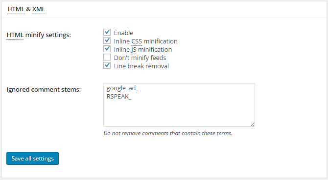 screenshot of html section of minify menu in w3tc