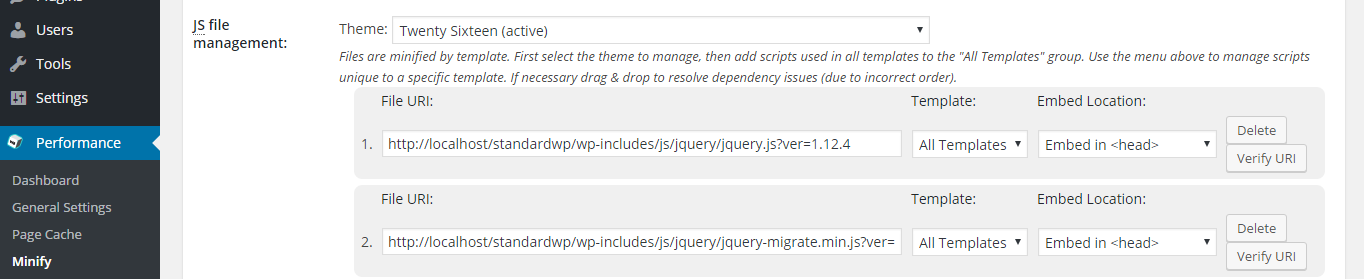 screenshot of javascript files in js section of minify menu in w3tc