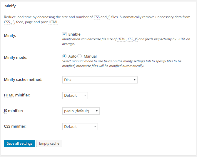 screenshot of minify section in general settings menu in w3tc