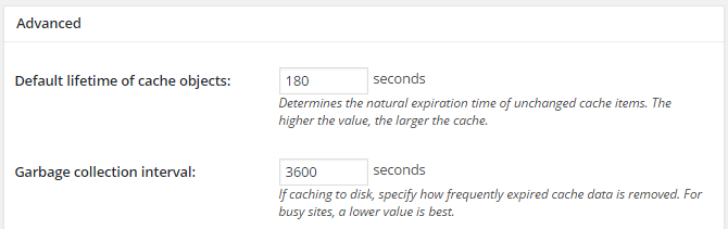 screenshot of advanced section of object menu in w3tc